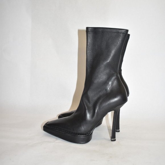 $1000 Alexander Wang Platform Bootie SOCK SQUARE HEEL LEATHER BLACK 37 (DA14) - Picture 6 of 10
